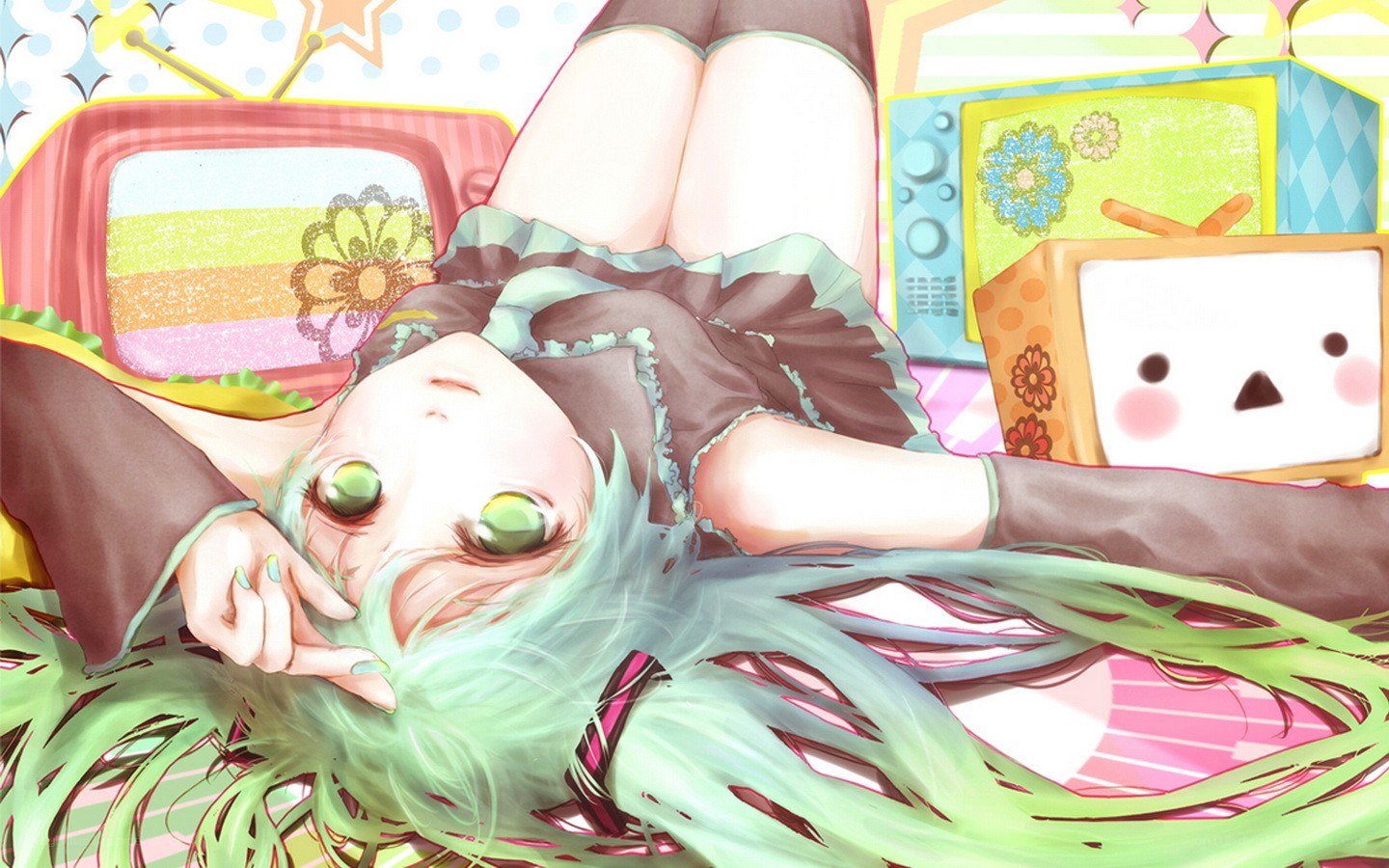 green-haired girl with televisions