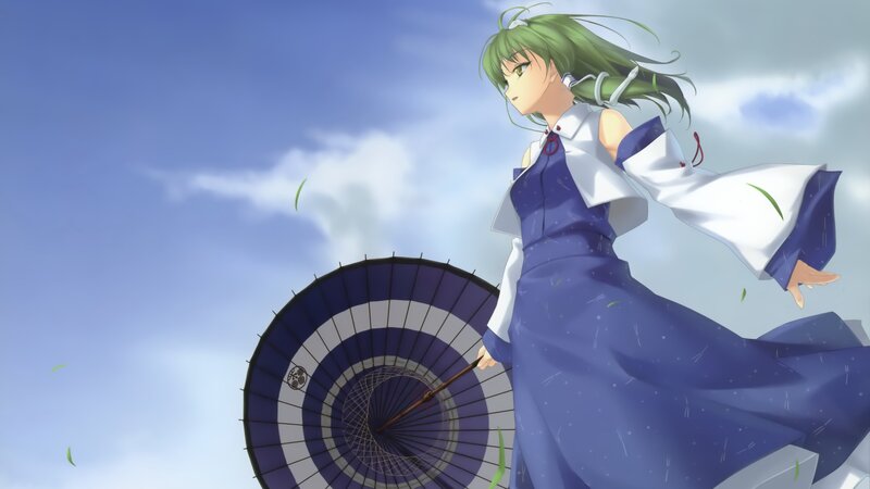 green-haired girl with umbrella