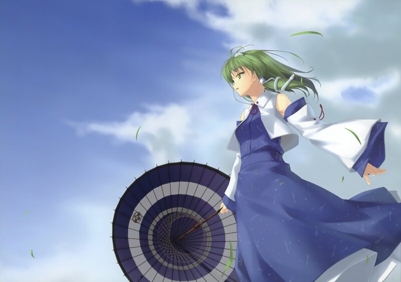 green-haired girl with umbrella