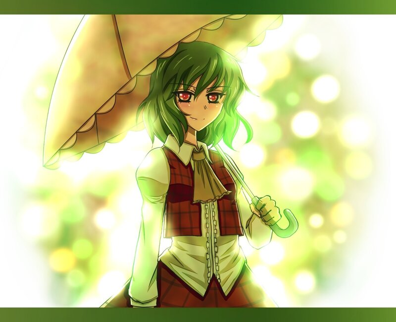 green-haired girl with umbrella