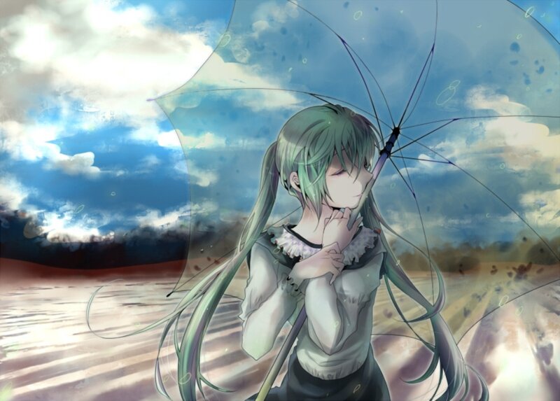 Green-haired Girl with Umbrella — Blue, Dramatic, Afternoon
