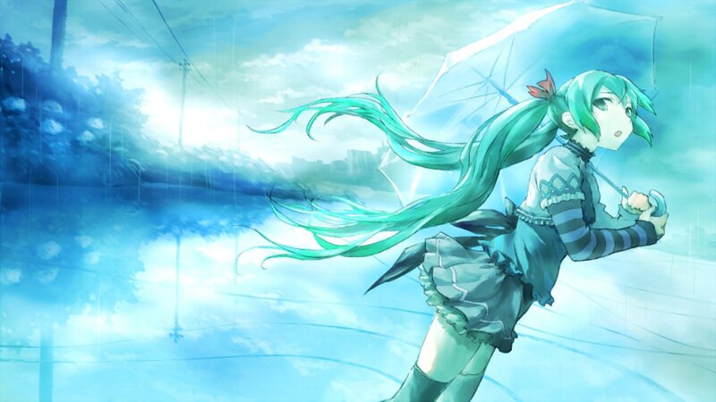 Green-haired Girl with Umbrella — Blue, Dramatic
