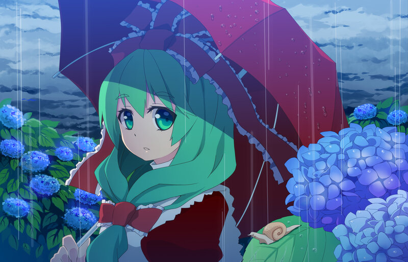 Green-haired Girl with Umbrella — Blue, Rainy