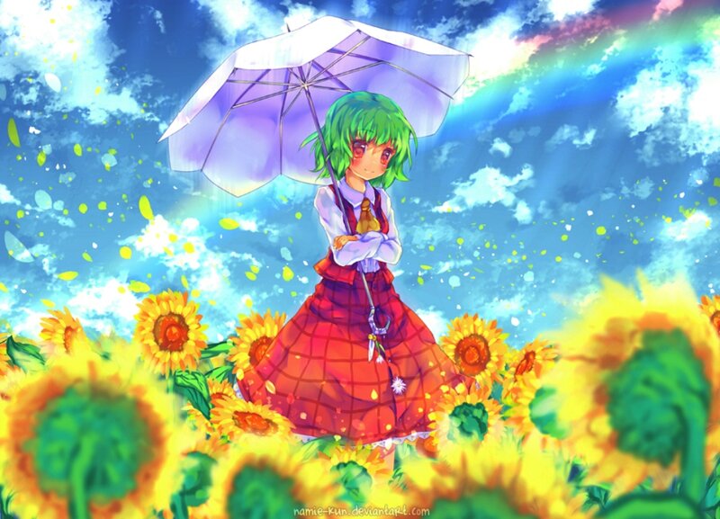 Green-haired Girl with Umbrella — Blue, Serene, Afternoon, Anime
