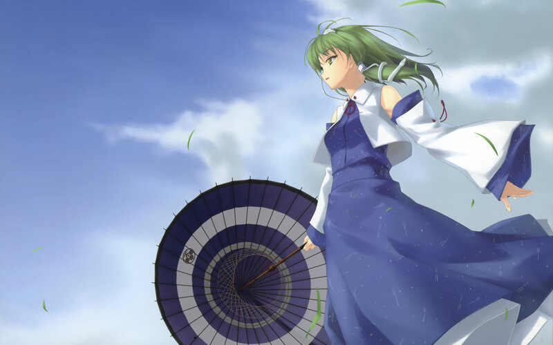 Green-haired Girl with Umbrella — Blue, Serene