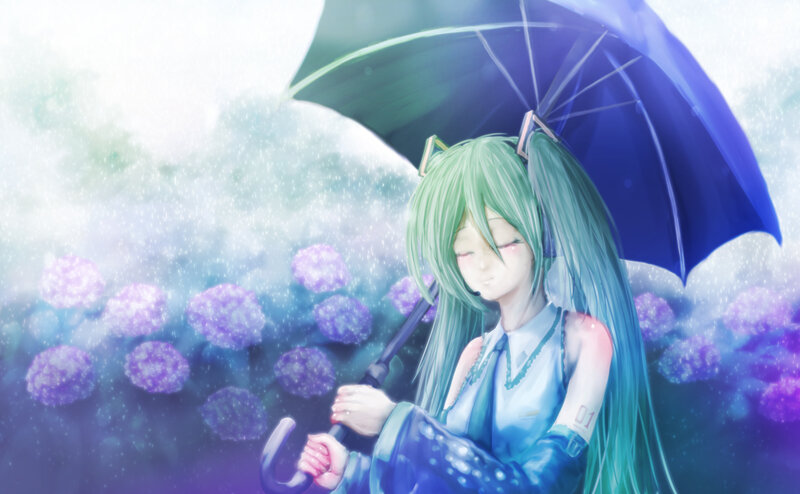Green-haired Girl with Umbrella — Blue