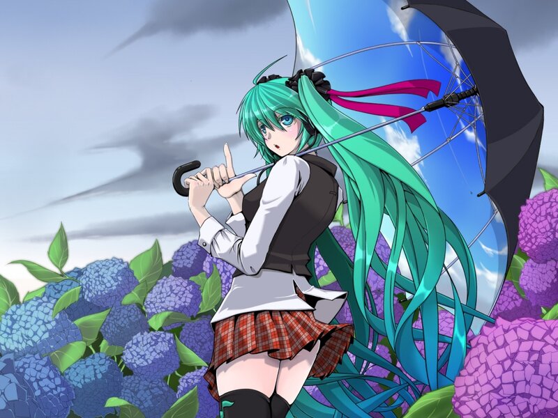 Green-haired Girl with Umbrella — Green, Dramatic, Afternoon