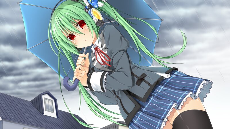 Green-haired Girl with Umbrella — Green, Dramatic, Anime