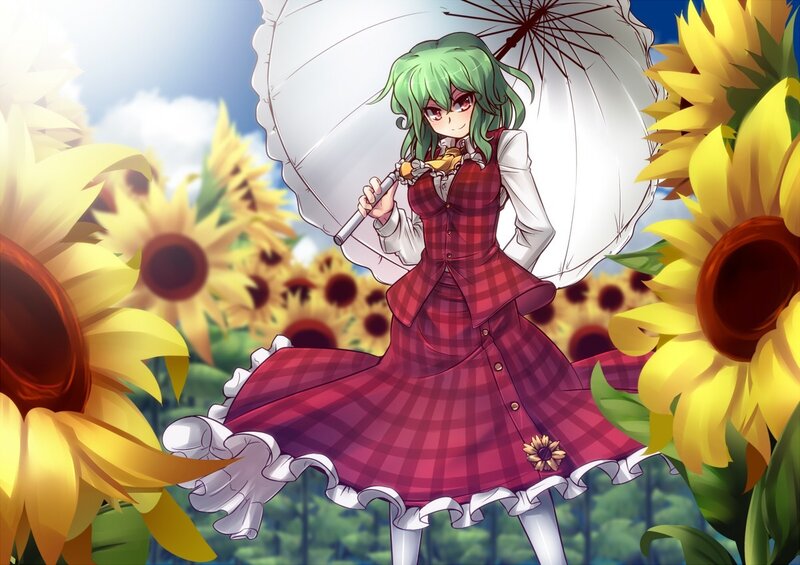 Green-haired girl with umbrella in sunflower field