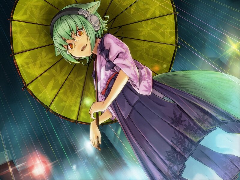 Green-haired Girl with Umbrella — Purple, Dramatic