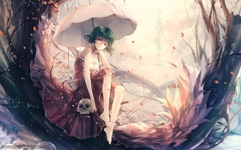 Green-haired Girl with Umbrella — Purple, Serene, Autumn