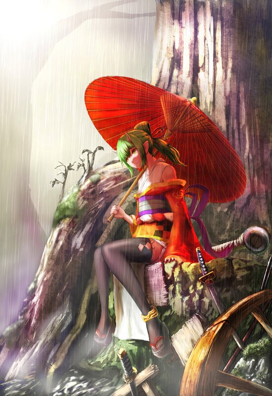Green-haired Girl with Umbrella — Red, Dramatic, Digital Art