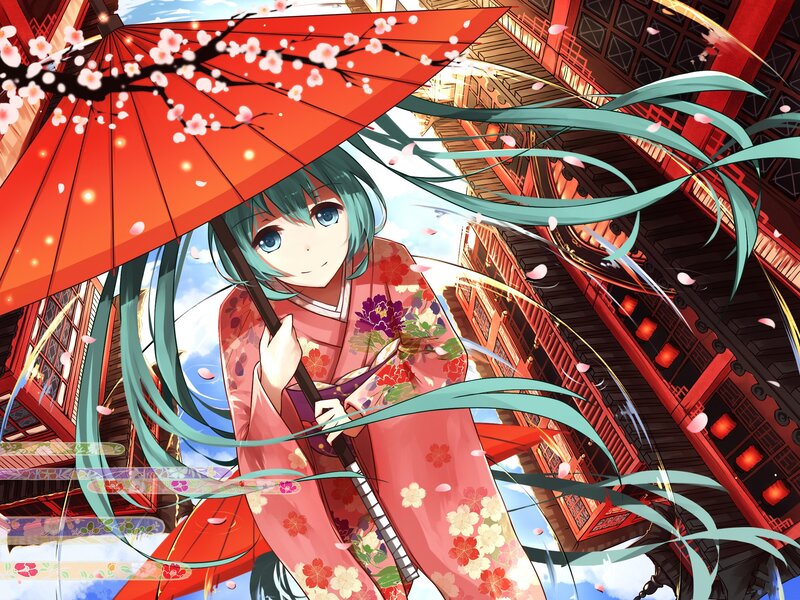Green-haired Girl with Umbrella — Red, Serene, Spring
