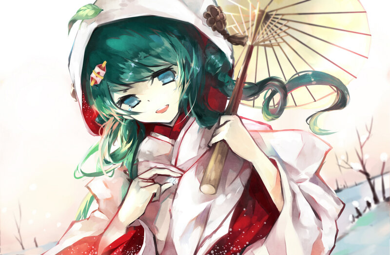 Green-haired Girl with Umbrella — White