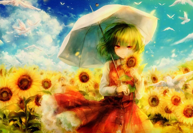 Green-haired Girl with Umbrella — Yellow, Serene, Afternoon