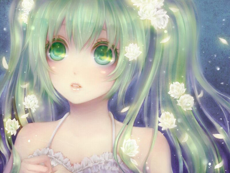 green-haired girl with white flowers