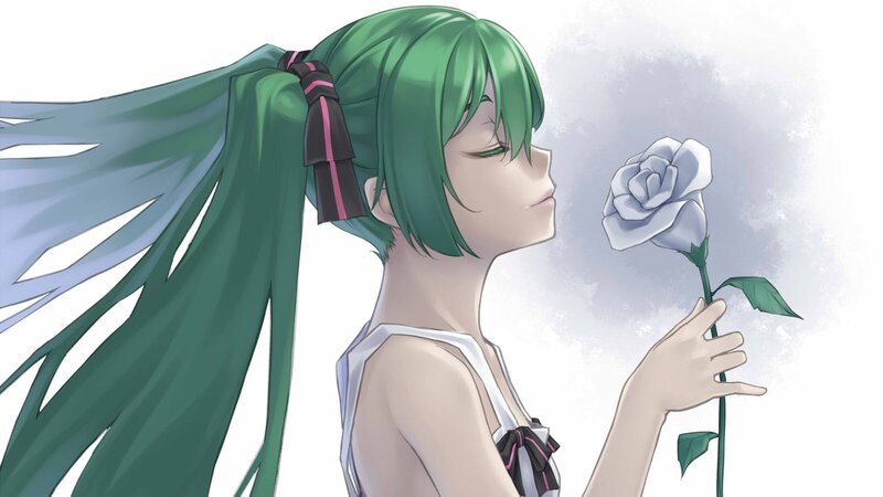 green-haired girl with white rose