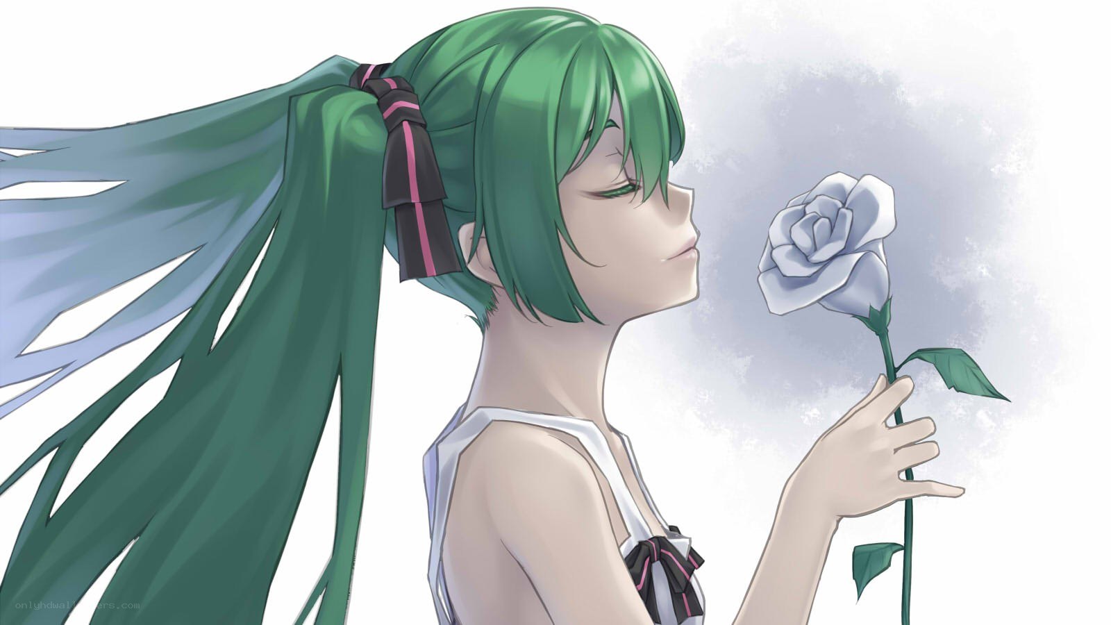 green-haired girl with white rose