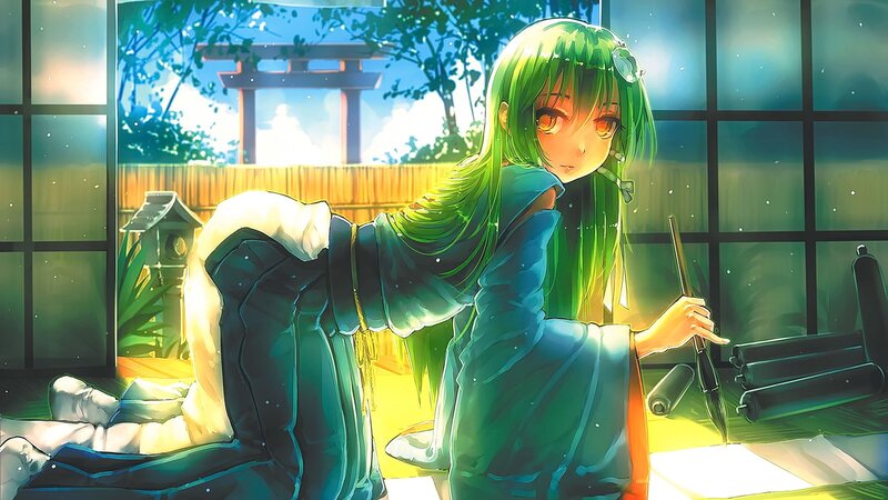 Green-haired Girl Writing — Green, Serene