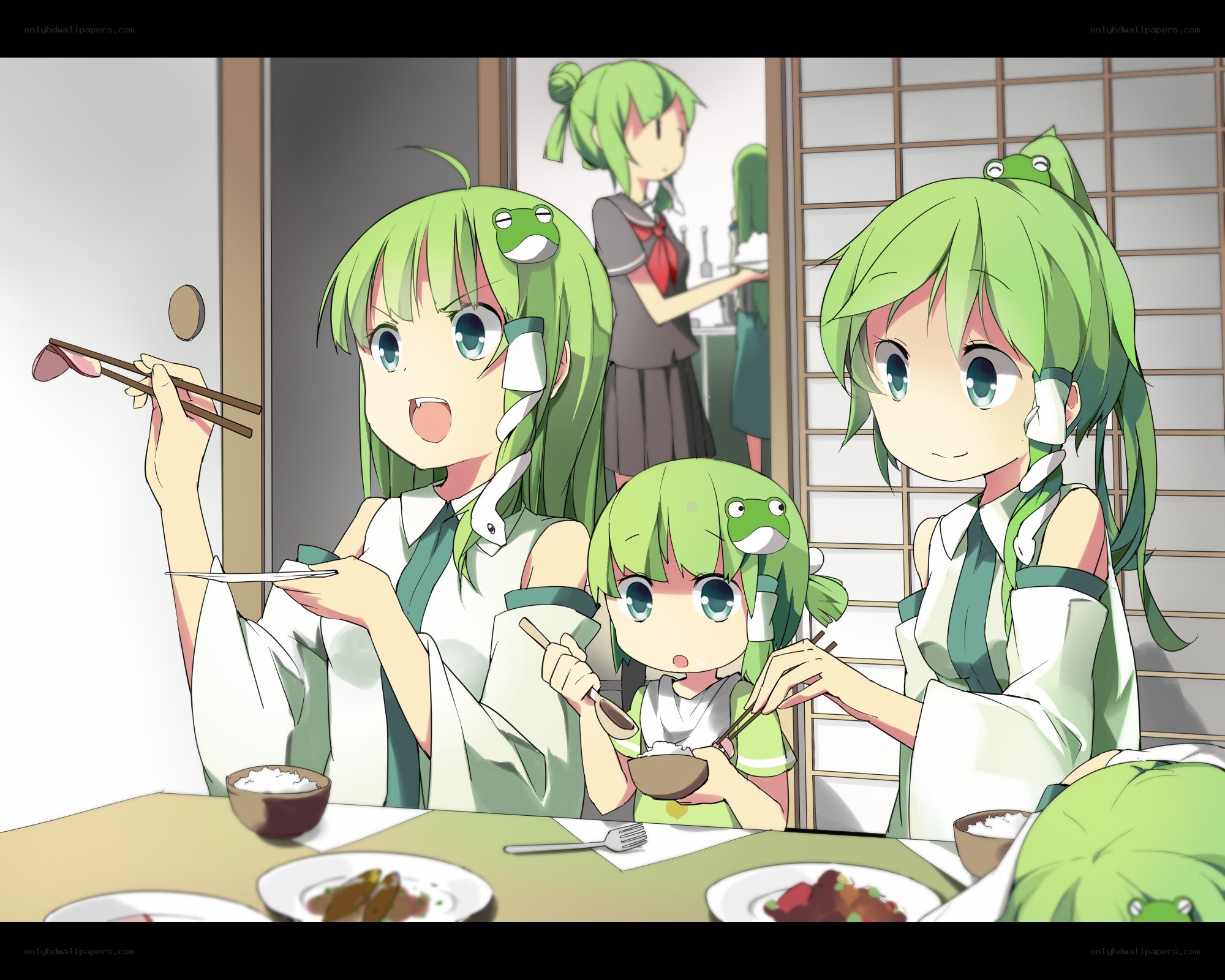 Green-haired girls eating dinner