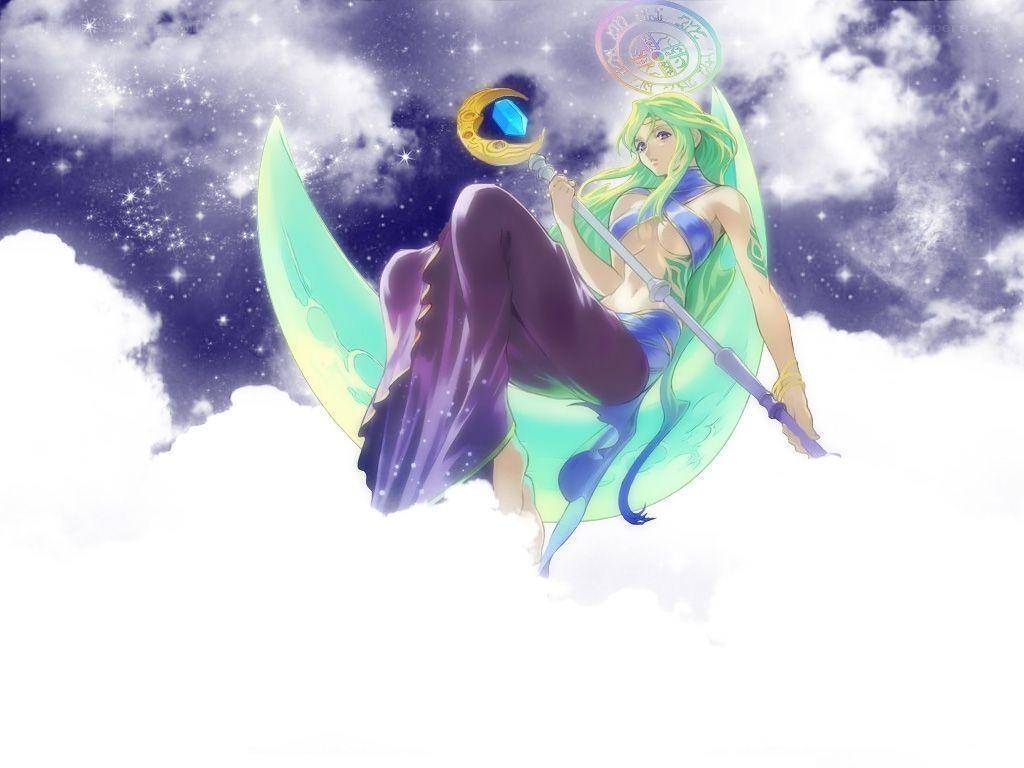 green-haired goddess on a crescent moon