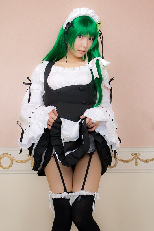 green-haired maid cosplayer