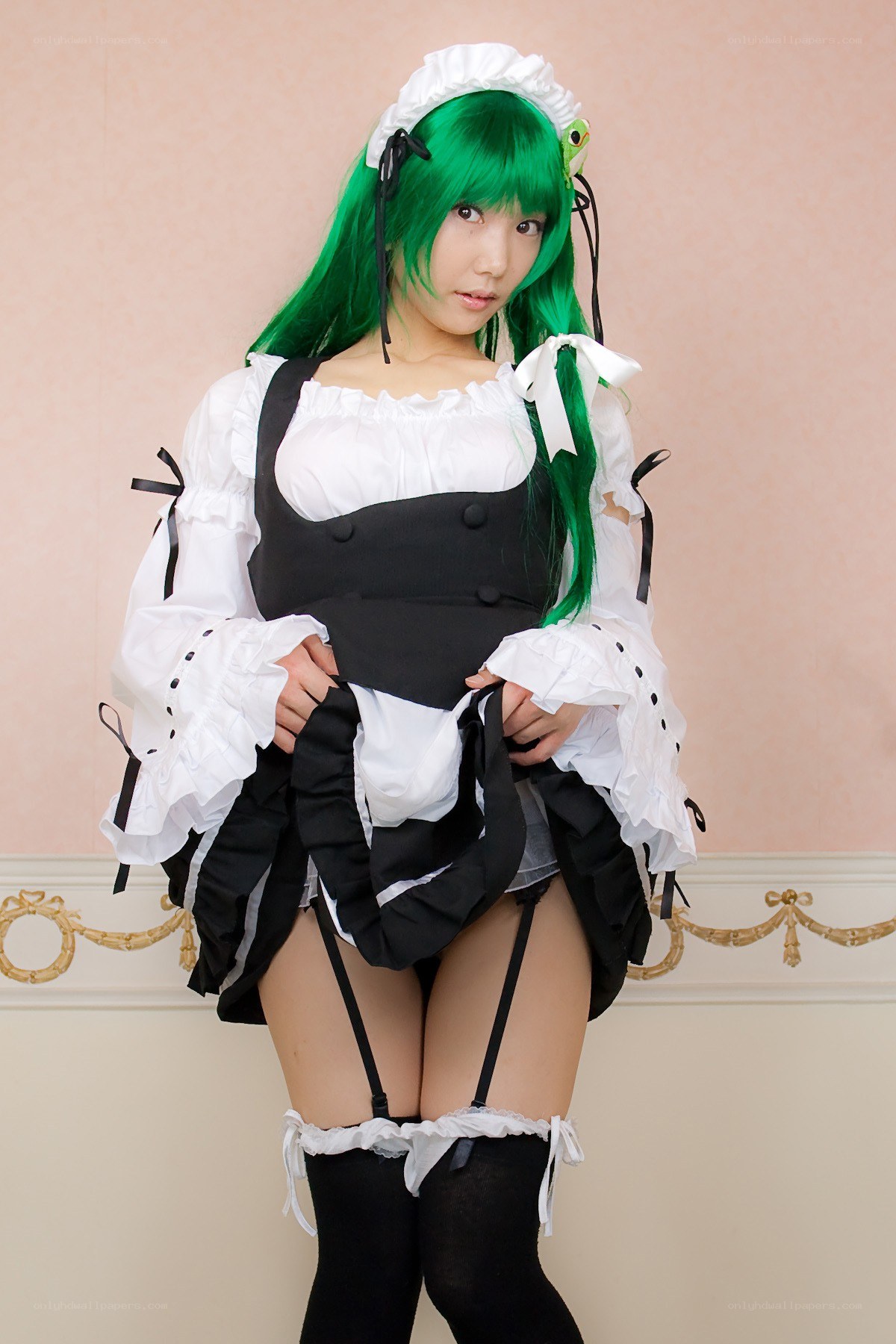 green-haired maid cosplayer