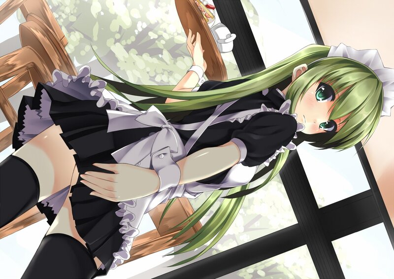 green-haired maid in a cafe