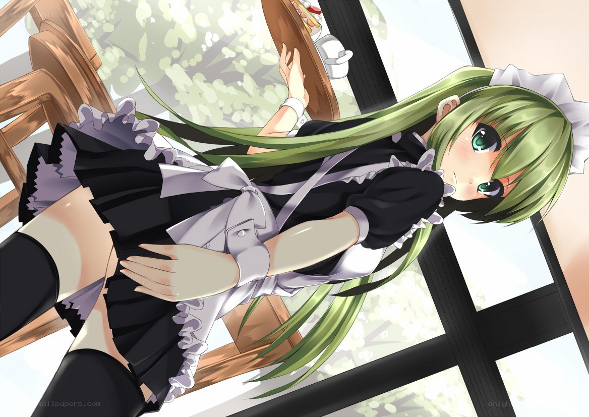 green-haired maid in a cafe