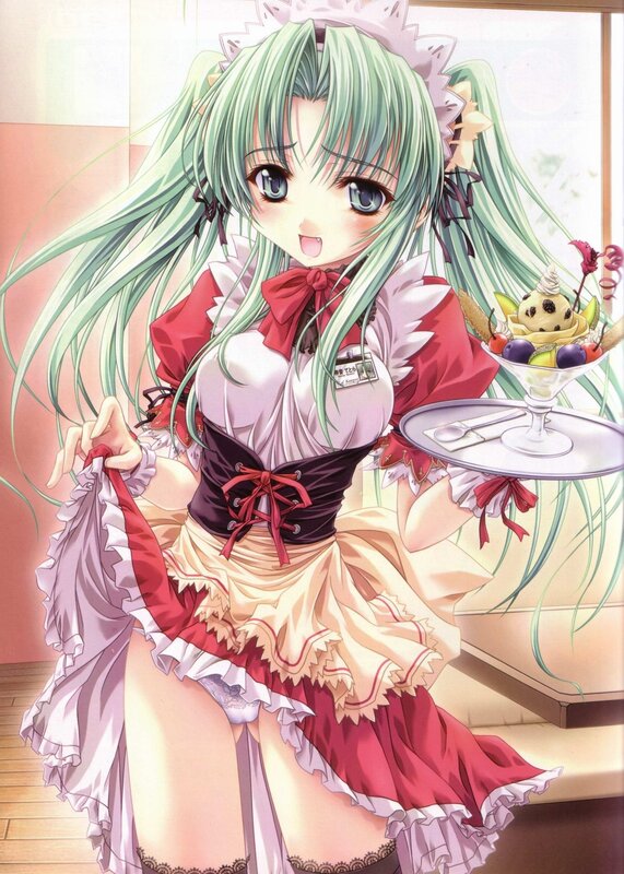 Green-haired maid serving dessert