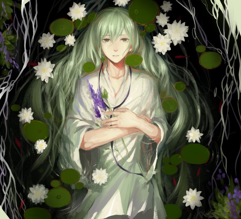Green-haired Person Holding Flowers