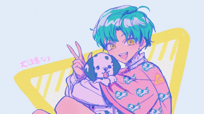 Green-haired Person Holding Puppy