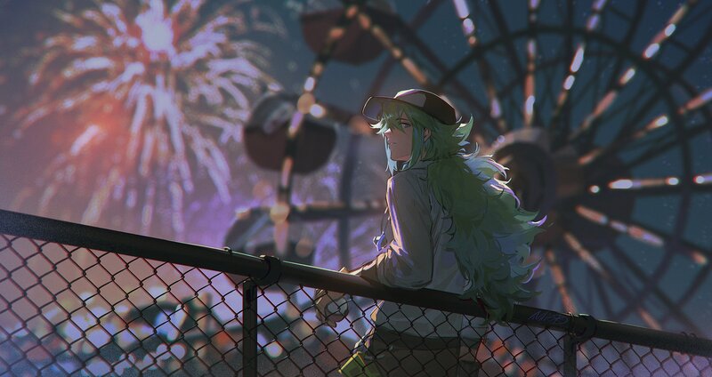 Green-haired Person on Railing
