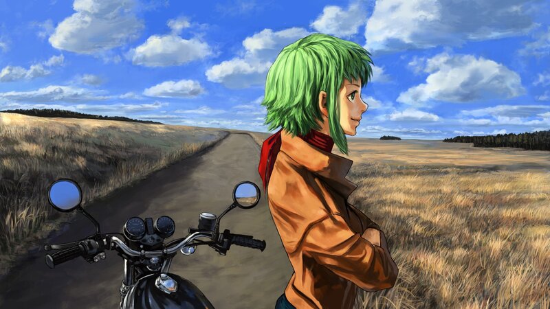 green-haired rider on a country road