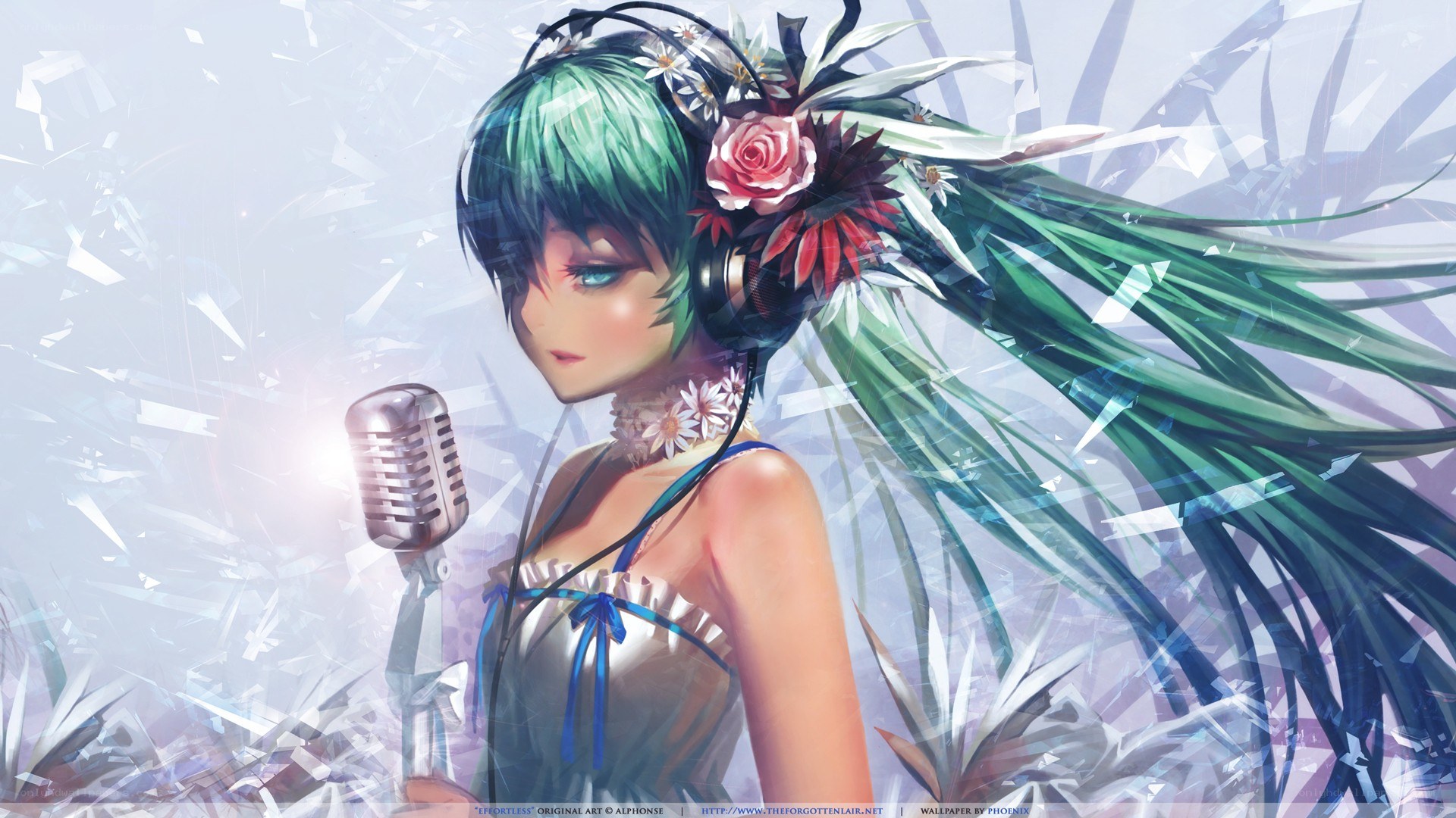 green-haired singer with flowers