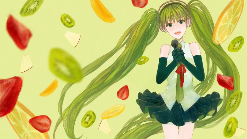 green-haired singer with fruit
