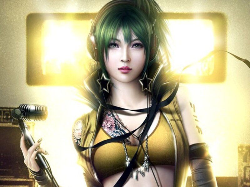 green-haired singer with microphone