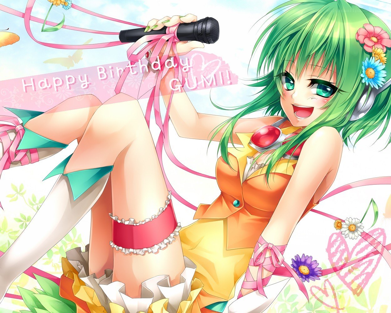 Green-haired singer with microphone