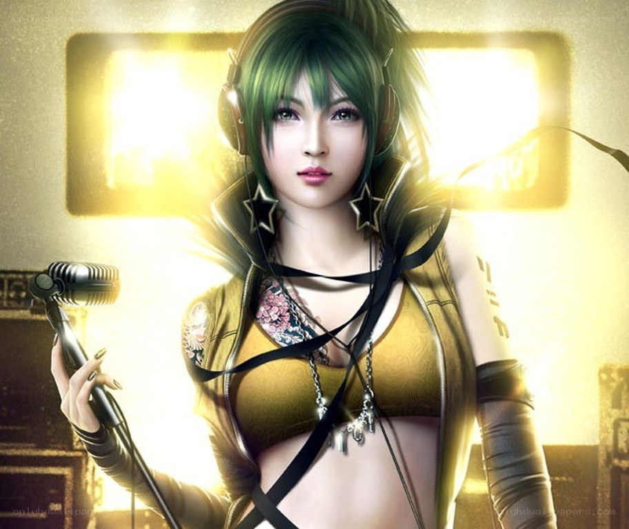green-haired singer with microphone