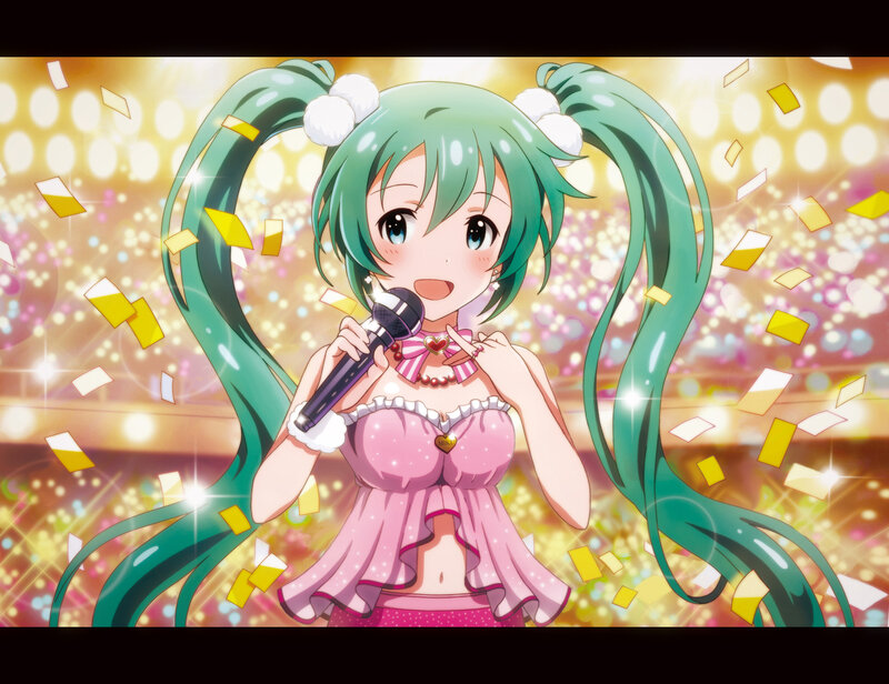 Green-haired Singer with Microphone — Pink, Celebratory