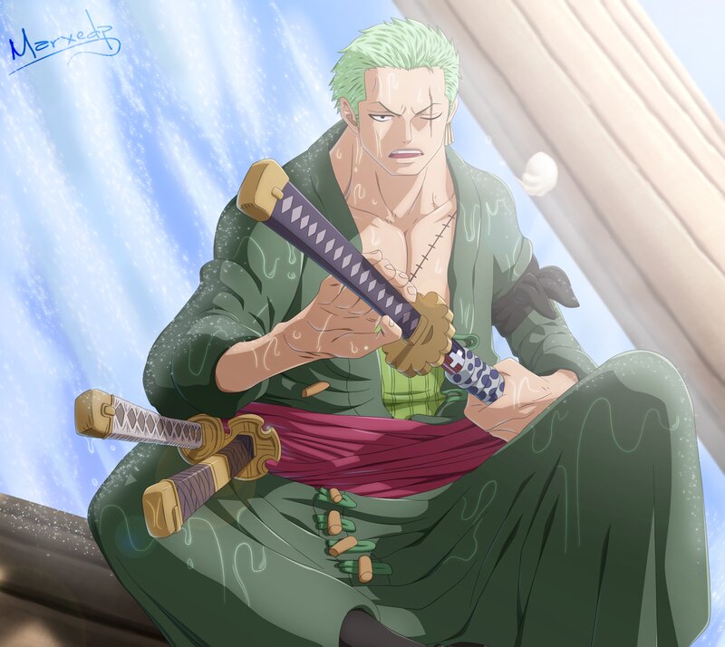 Green-haired Swordsman — Green, Dramatic, Anime, Swords, Rain