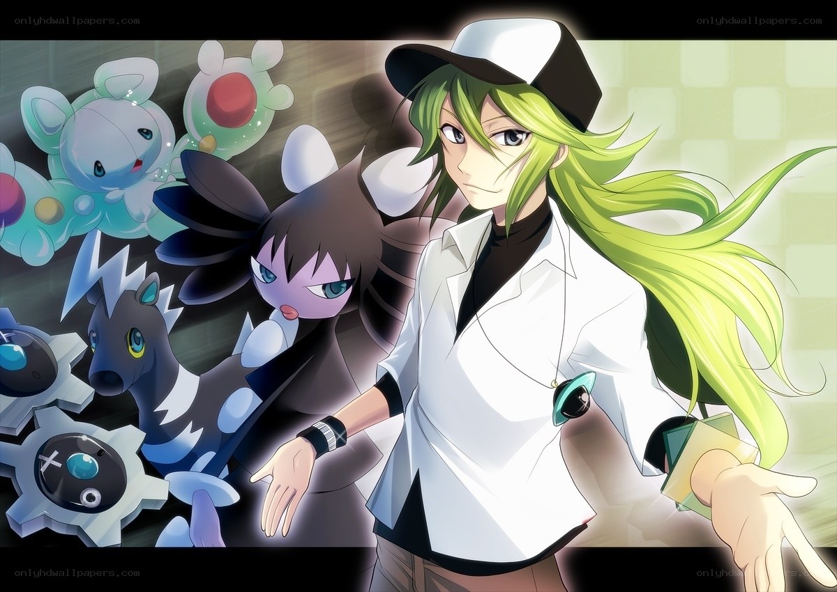 green-haired trainer with Pokémon