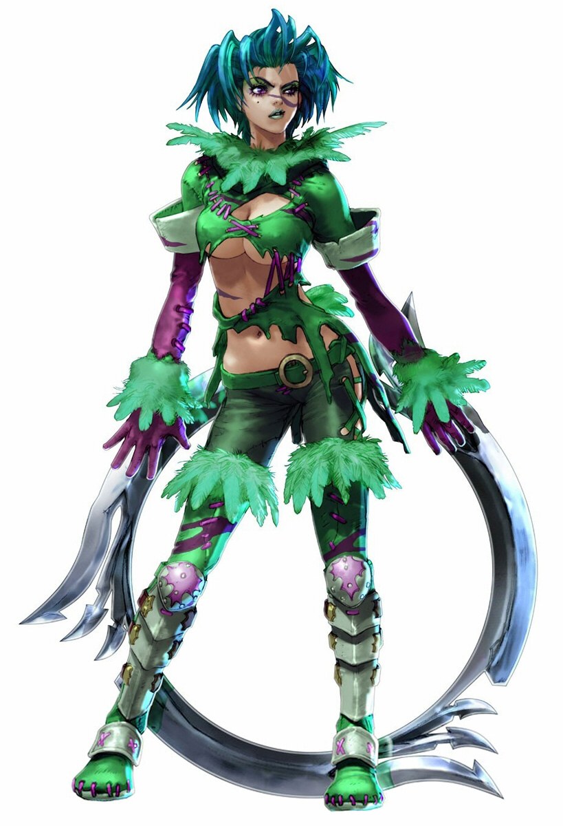 green-haired warrior character