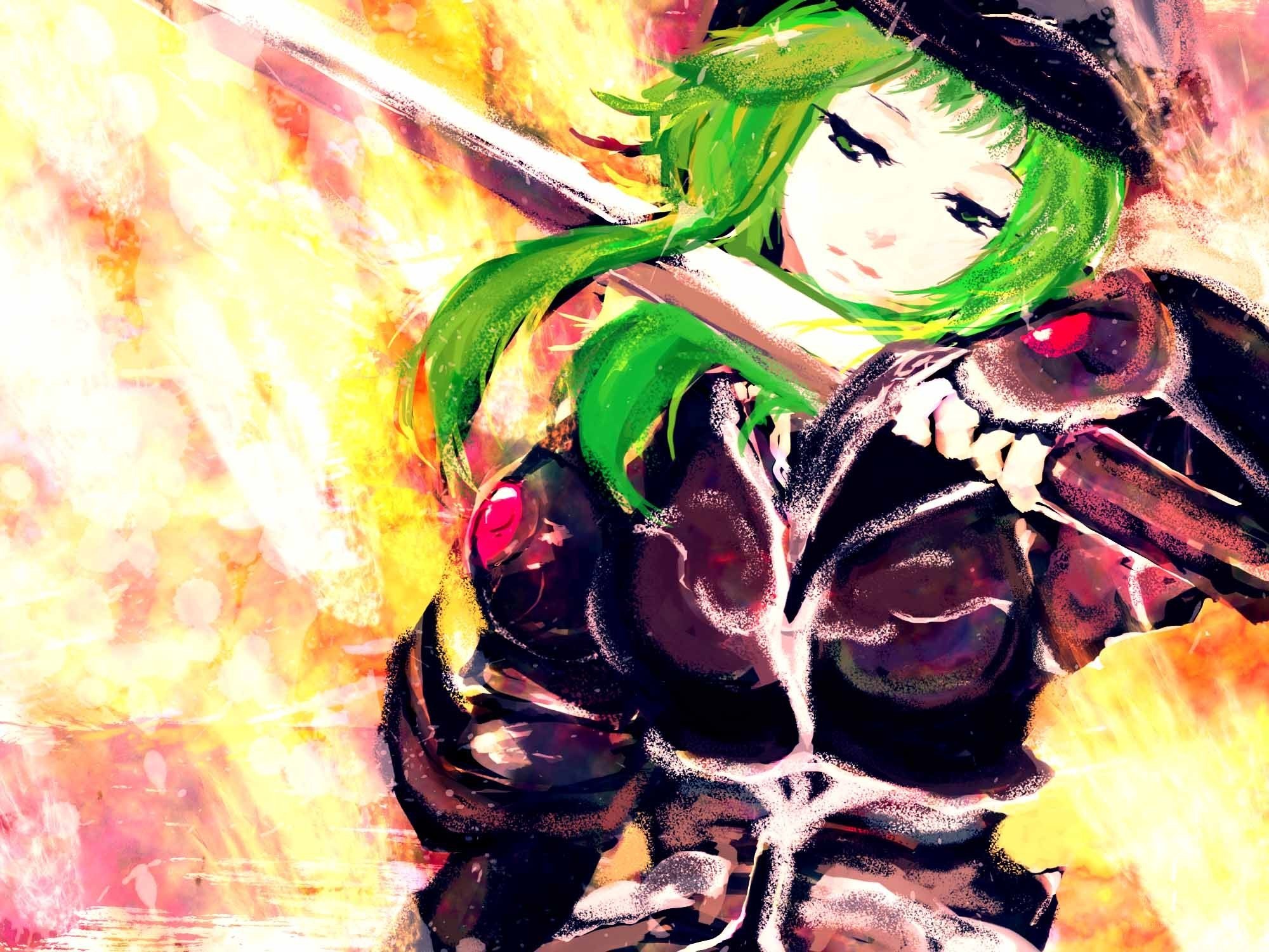 green-haired warrior in battle