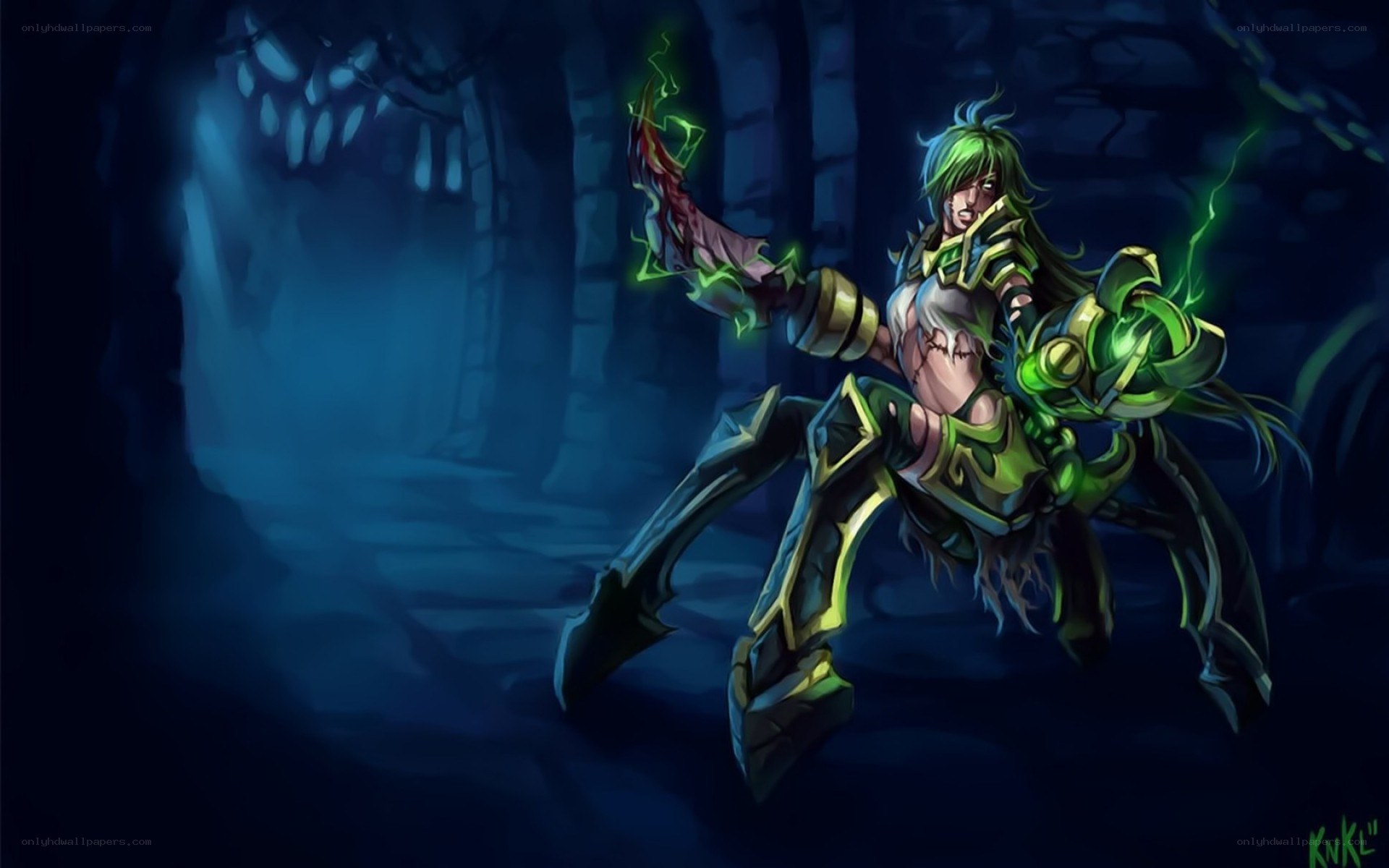 green-haired warrior in dark dungeon