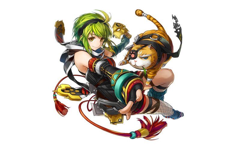 green-haired warrior with cat companion