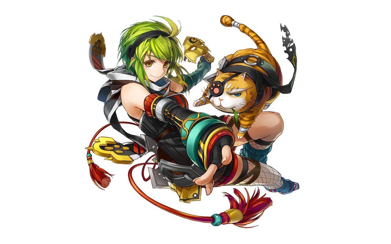 green-haired warrior with cat companion
