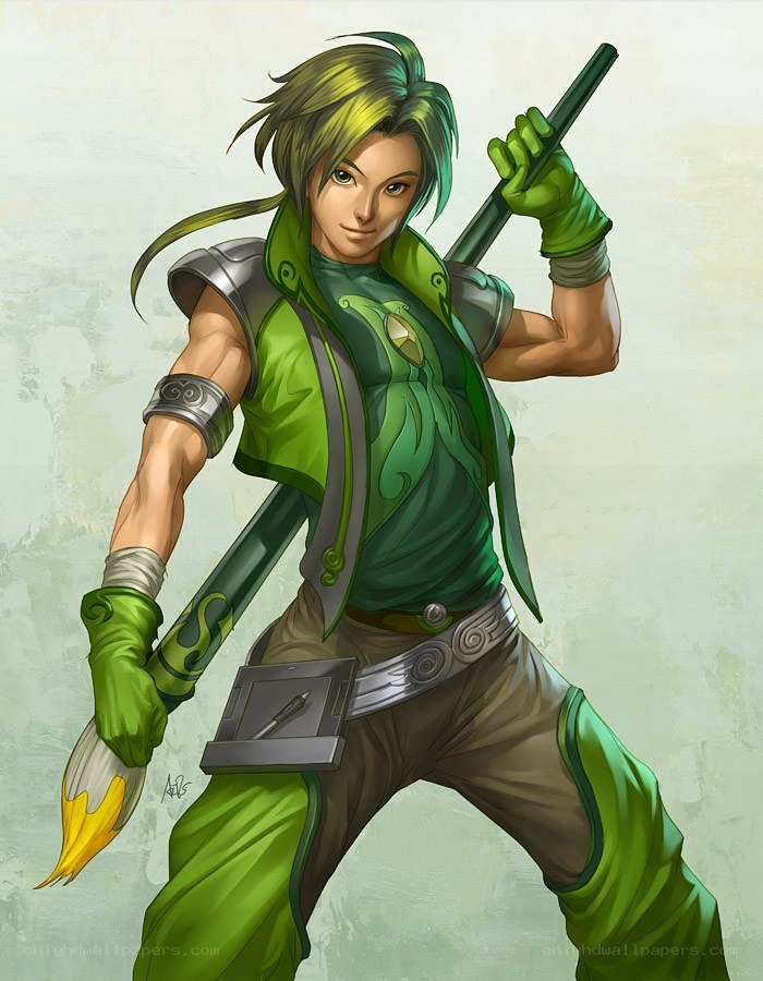 green-haired warrior with staff