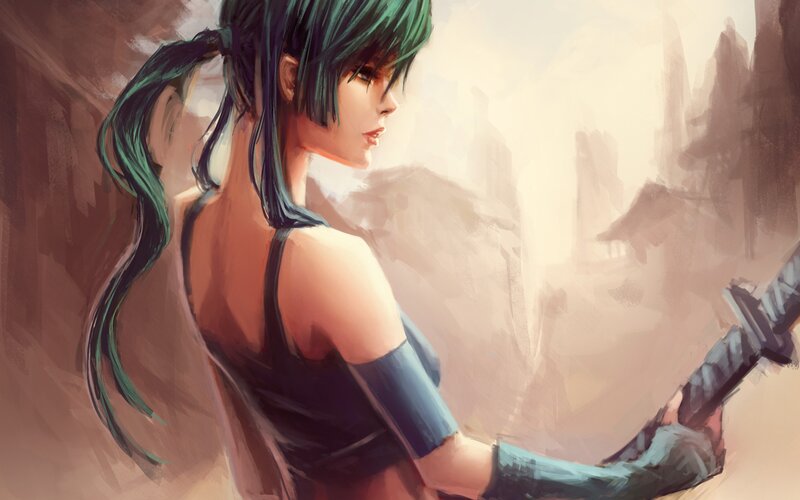 green-haired warrior with sword