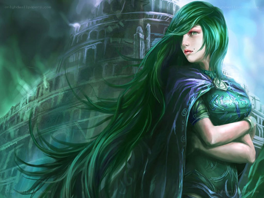 green-haired warrior woman